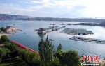 资料图：一艘渔船驶过刘家峡水库网箱养殖区平静的湖面。罗玉珍 摄 - 甘肃新闻