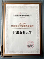 我校荣获中国教育在线“2018年甘肃省五大搜索热度高校”奖 - 甘肃农业大学