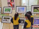 图为野生动物主题的作品吸引孩子们驻足观看。　徐雪 　摄 - 甘肃新闻